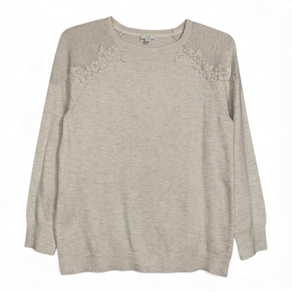 J Jill Sweater Women Size S Beige Floral Embellished Crew Neck Long Sleeve Knit